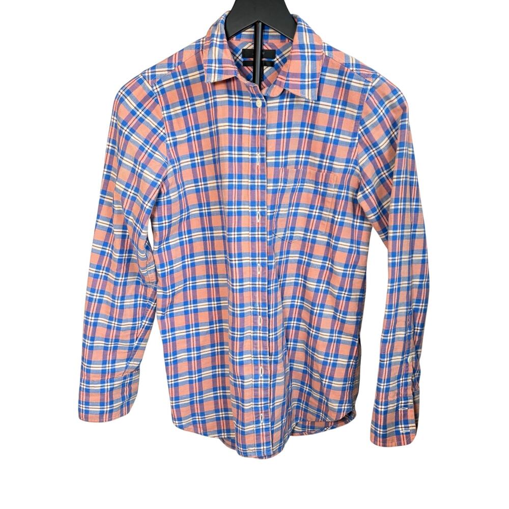 J Crew womens blue peach cream plaid flannel shirt Size 0. autumn, cozy, western